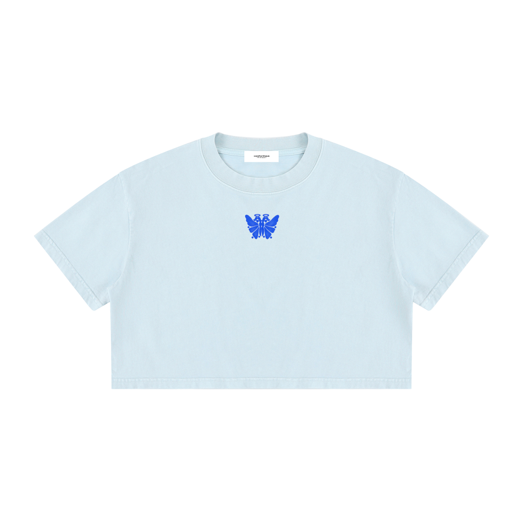 Butterfly Mineral Wash Crop Tee Light Blue front