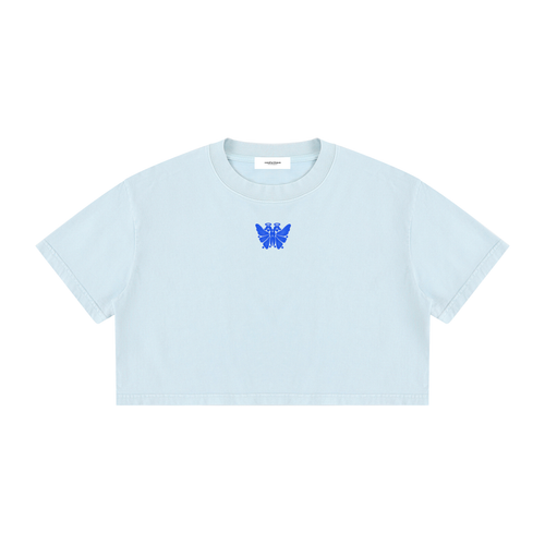 Butterfly Mineral Wash Crop Tee Light Blue front