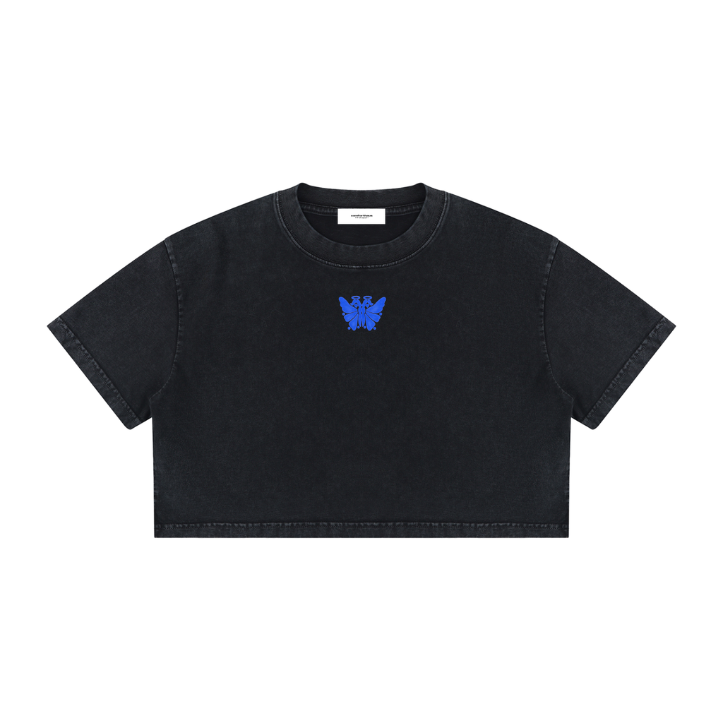 Butterfly Mineral Wash Crop Tee Black front