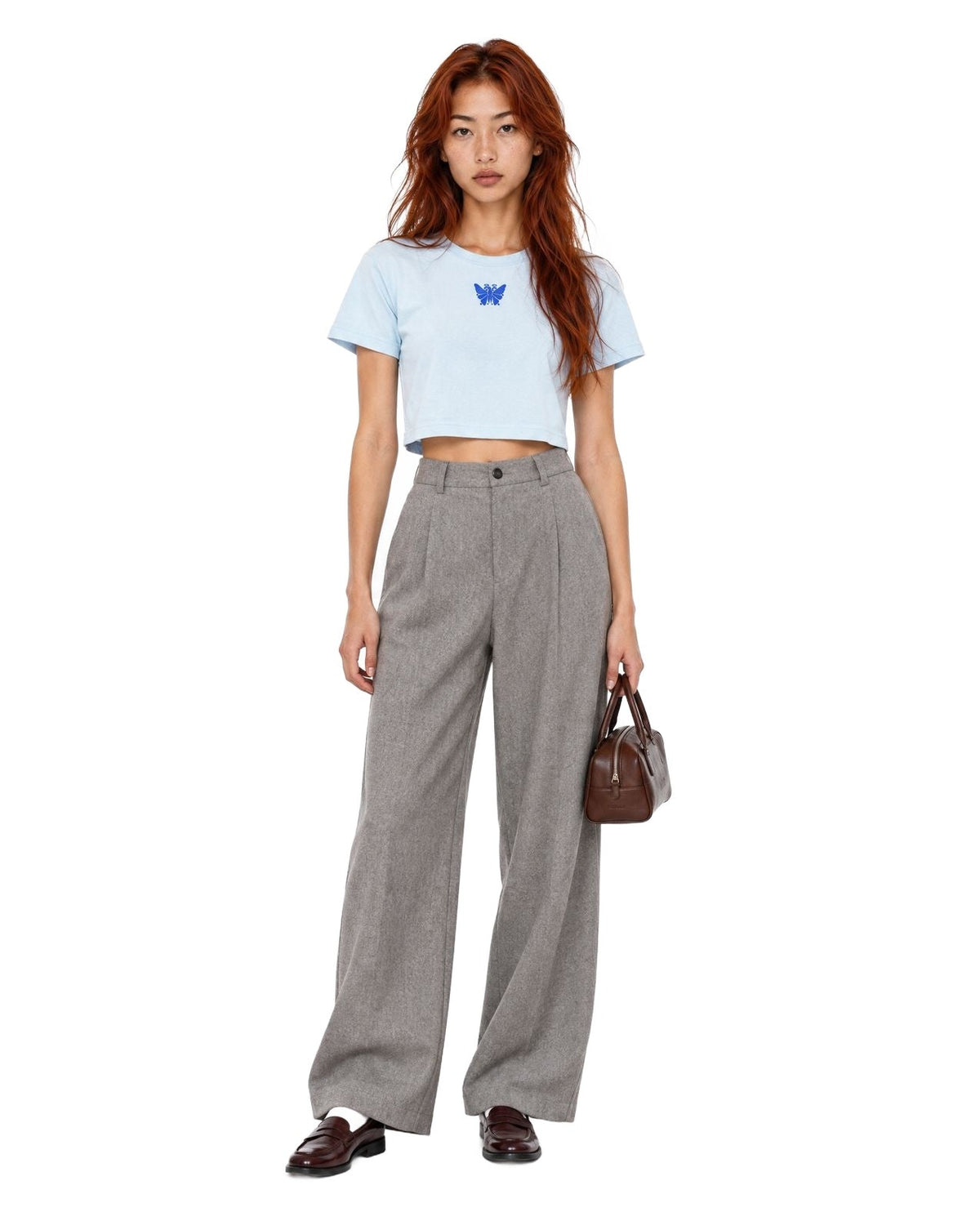 Butterfly Mineral Wash Crop Tee Light Blue model front