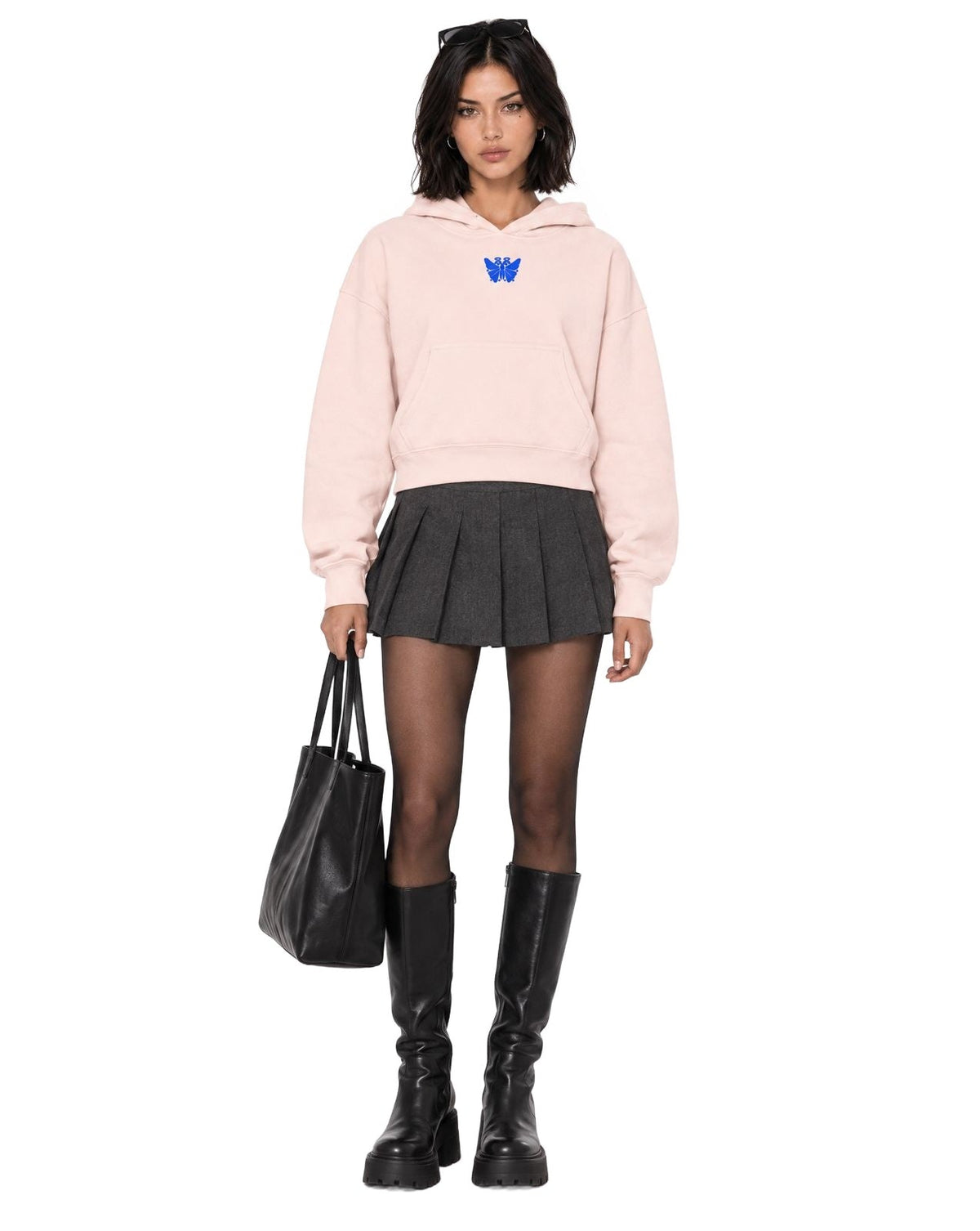 Butterfly Crop Drop Shoulder Hoodie Light Pink model front